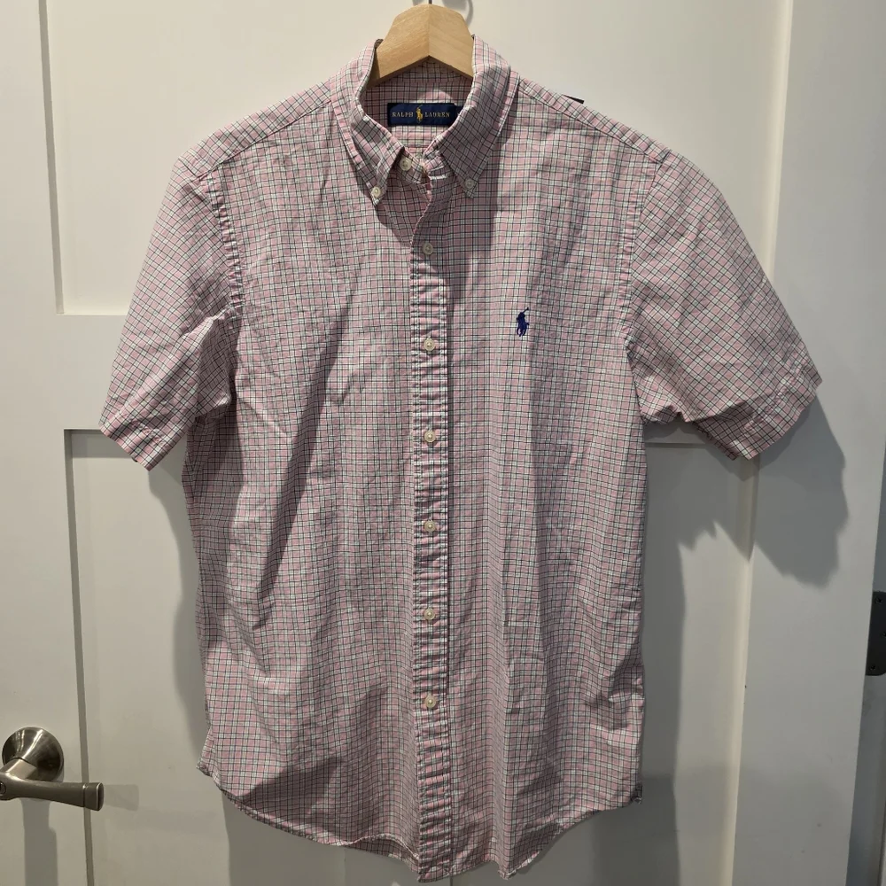 Ralph Lauren Men's Button-Down Short Sleeve Shirt M Pink Green White Check